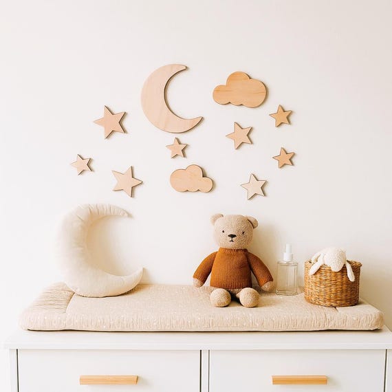 Wooden Moon with Stars and clouds, Babyzimmer Deko aus Holz, Nursery Wall Decor