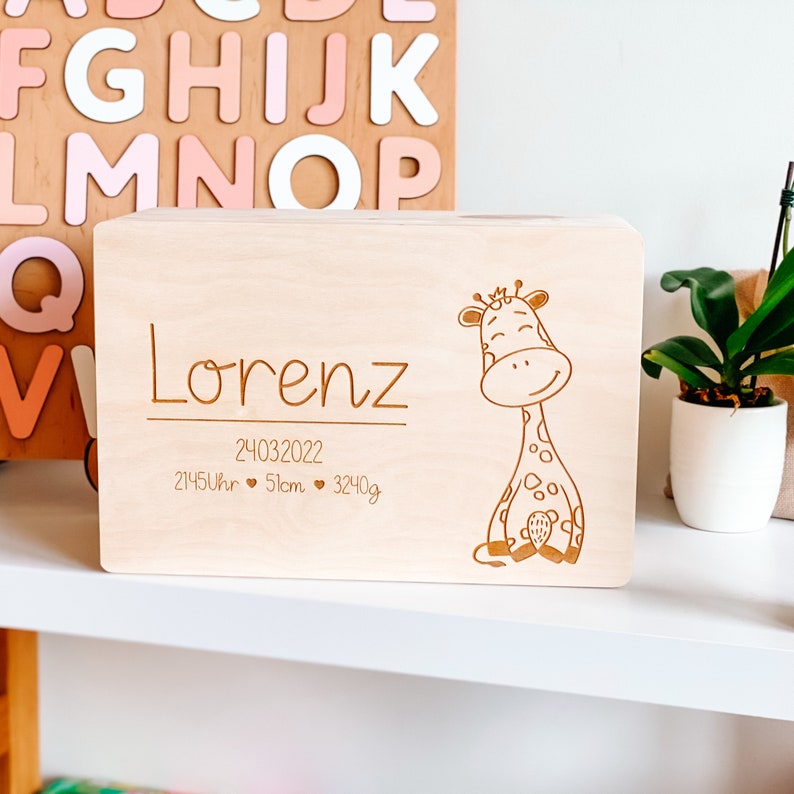 Personalisierte Erinnerungskiste Baby , Erinnerungskiste Baby , Holzbox mit Namen , Aufbewahrung Kinderzimmer Wildone Animals Giraffe image 9