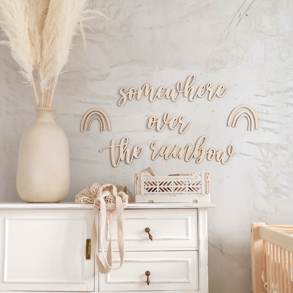 Somewhere over the rainbow + 2 rainbows , Schriftzug aus Holz , nursery wooden wall script , Kinderzimmer Dekoration , Wanddekoration