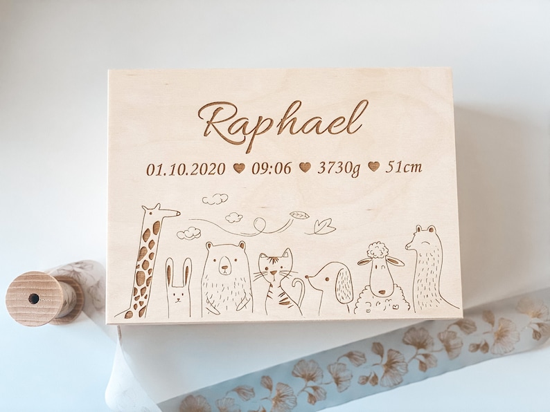 Personalisierte Erinnerungskiste Baby , Erinnerungskiste Baby , Holzbox mit Namen , Aufbewahrung Kinderzimmer Wildone Animals Giraffe image 5