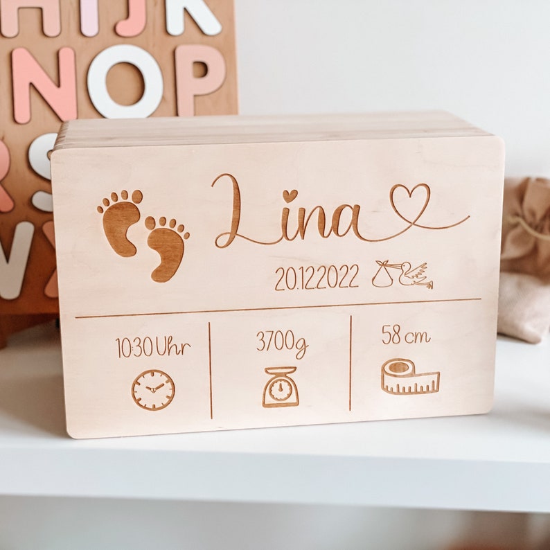 Personalisierte Erinnerungskiste Baby , Erinnerungskiste Baby , Holzbox mit Namen , Aufbewahrung Kinderzimmer , Erinnerungsbox Geburt imagen 8