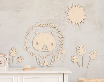 Wooden lion + sun and leaves , wooden wall decoration , Kinderzimmer Dekoration , Wanddekoration , Nursery decor wooden