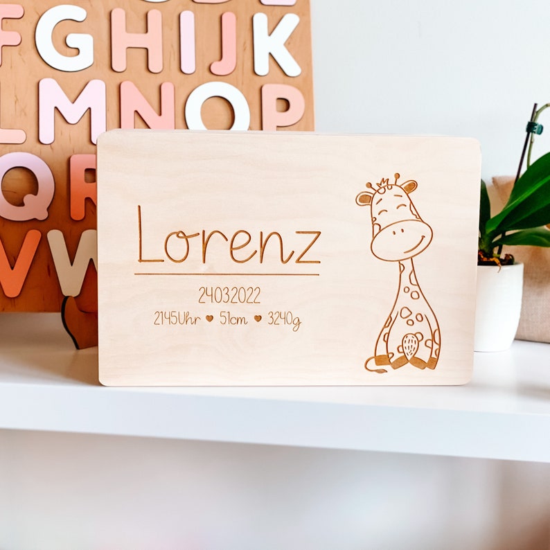 Personalisierte Erinnerungskiste Baby , Erinnerungskiste Baby , Holzbox mit Namen , Aufbewahrung Kinderzimmer Wildone Animals Giraffe image 1