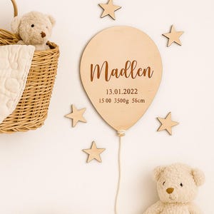Holzballon mit Namen / Namensschild / Kinderzimmer Dekoration / Ballong med namn och stjärnor / träväggscertifikat / Hello World