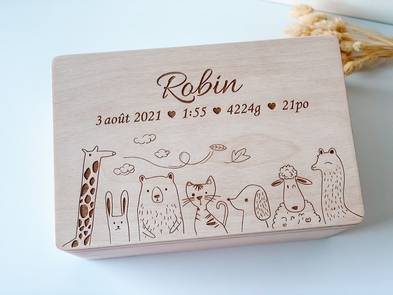 Personalisierte Erinnerungskiste Baby , Erinnerungskiste Baby , Holzbox mit Namen , Aufbewahrung Kinderzimmer Wildone Animals Giraffe image 10