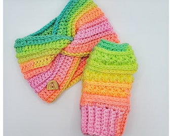 Crochet Rainbow Ear Warmer and Fingerless Mitten Set, Headwrap Rainbow Ear Warmer, Rainbow Texting Mittens,  Ready To Ship