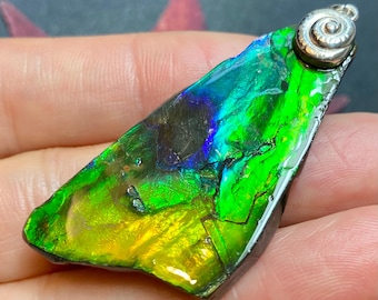 Electric Green Ammolite Pendant, Genuine Canadian Ammolite Necklace, Rare Iridescent Fossil Jewelry, Unique Gift Multiple Options #3036