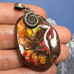 Canadian Ammonite Ammolite Pendant Silver Freeform Gemstone 39X29 MM #2870-71