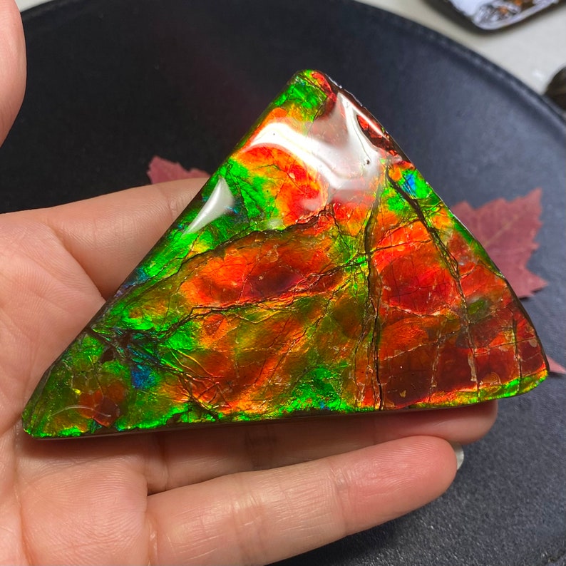 May include: A triangular piece of iridescent ammolite with a green, red, and orange color pattern.