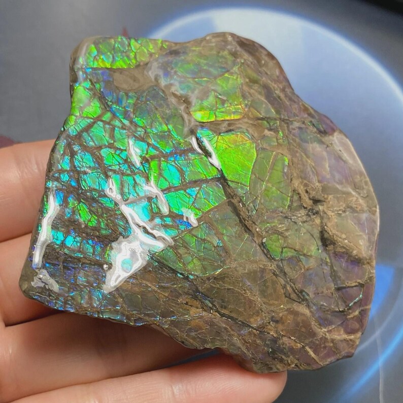 May include: A vibrant, iridescent gemstone with a mosaic pattern of green, blue, and gold hues. The polished surface reflects light, showcasing a spectrum of colors. The stone has a rough, natural texture and is likely a specimen for collectors or jewelry making.