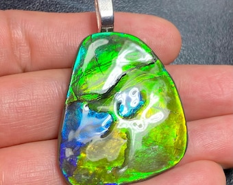 Canadian Ammolite Pendant, Multi Color Ammolite Necklace, Genuine Ammonite Fossil, Statement Crystal Jewelry for Gift Multiple Options