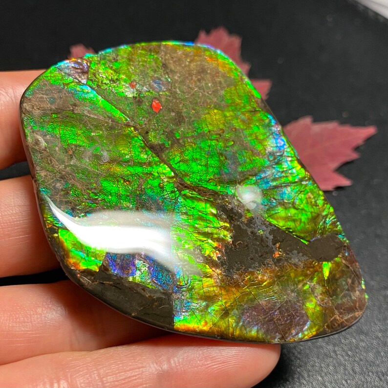 May include: A polished, iridescent gemstone with a vibrant display of colors. The stone features a mix of green, gold, and blue hues, with areas of brown and black. The surface has a textured appearance, and the overall shape is irregular.