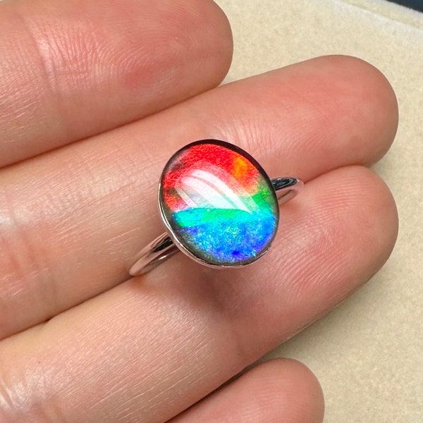 Canadian Ammolite Ring Rainbow Color Sterling Silver Size 7 #2866-2