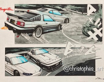 Personalized car drawing in comic strip / manga format, hard copy 11x14” paper original art hand made, perfect gift for car enthusiasts