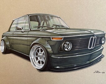 BMW 2002 Green original and unique drawing hand made on 9x12” high quality toned paper.