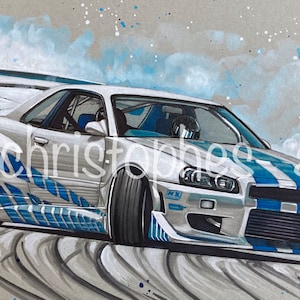 Drift Skyline R34 8x12 "Druck der Originalzeichnung mit Aquarellstiften, Markern und Tinte auf getöntem Papier. POSTER."