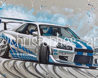 Drift Skyline R34 8x12" print of original drawing made with markers, pencils and watercolour on toned paper. POSTER