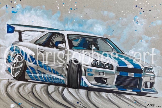 A nissan skyline gtr r34 drifting in togue on Craiyon