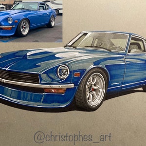 マーカー/鉛筆で色付きの紙に描いたパーソナライズされた車の絵、ハードコピー 9 x 12 インチ紙のオリジナル アートの手作り、お父さん、彼、彼女へのギフト。