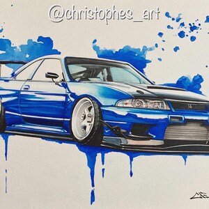 日産スカイライン R34 ドリフトアートプリント：水彩画カーポスター