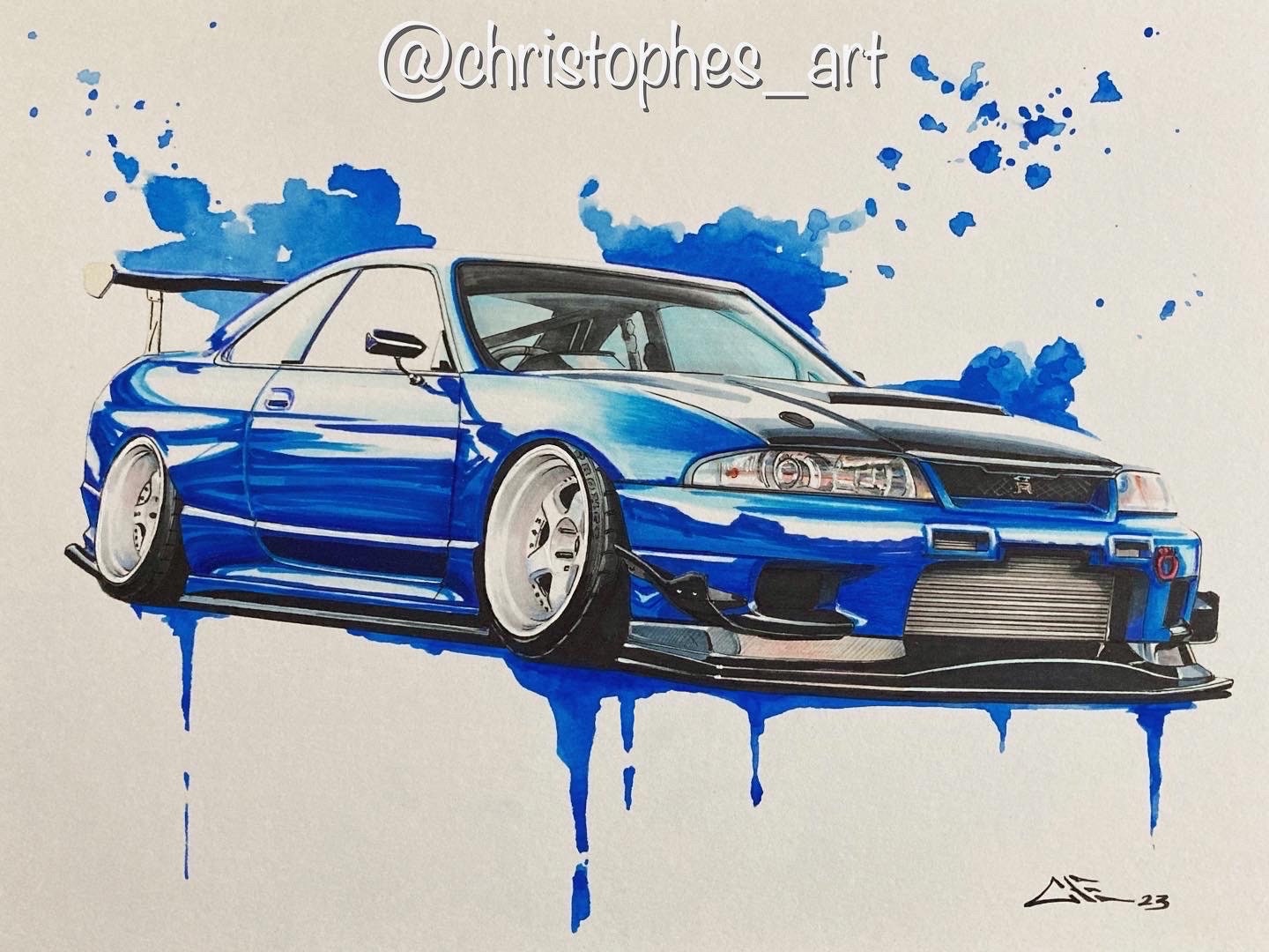 Skyline R33 GTR Drawing: Original Watercolor Car Art (9x12