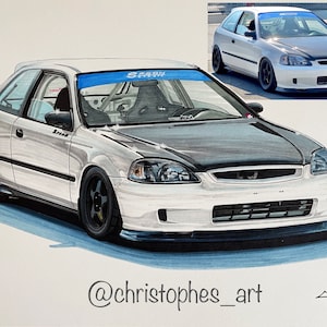 May include: A hand-drawn illustration of a white Honda Civic with a black hood, blue racing stripe, and a black and white interior. The car is drawn in a realistic style and has a detailed exterior. The artist's signature and social media handle are included in the bottom right corner of the image.