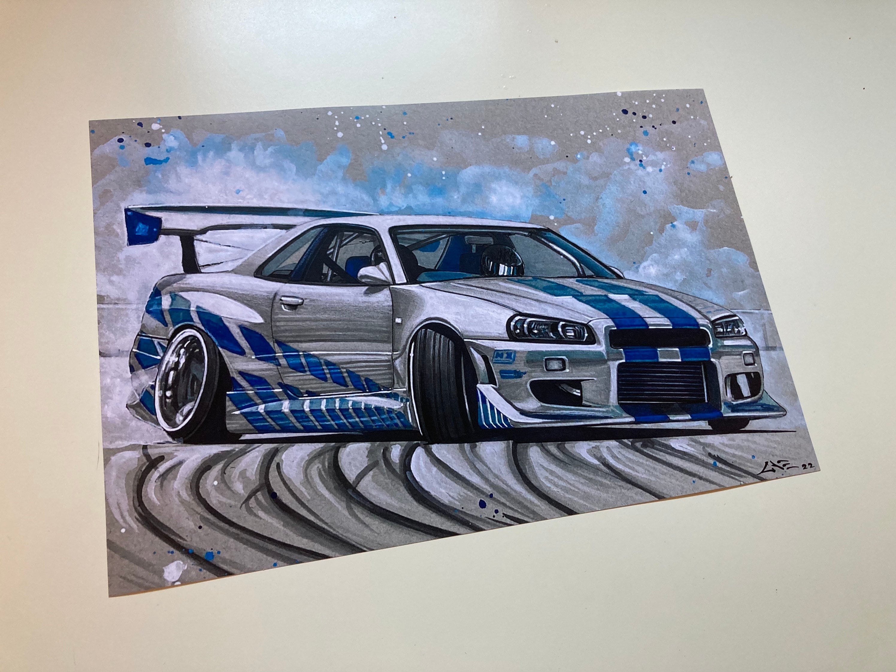 日産スカイライン R34 ドリフトアートプリント：水彩画カーポスター