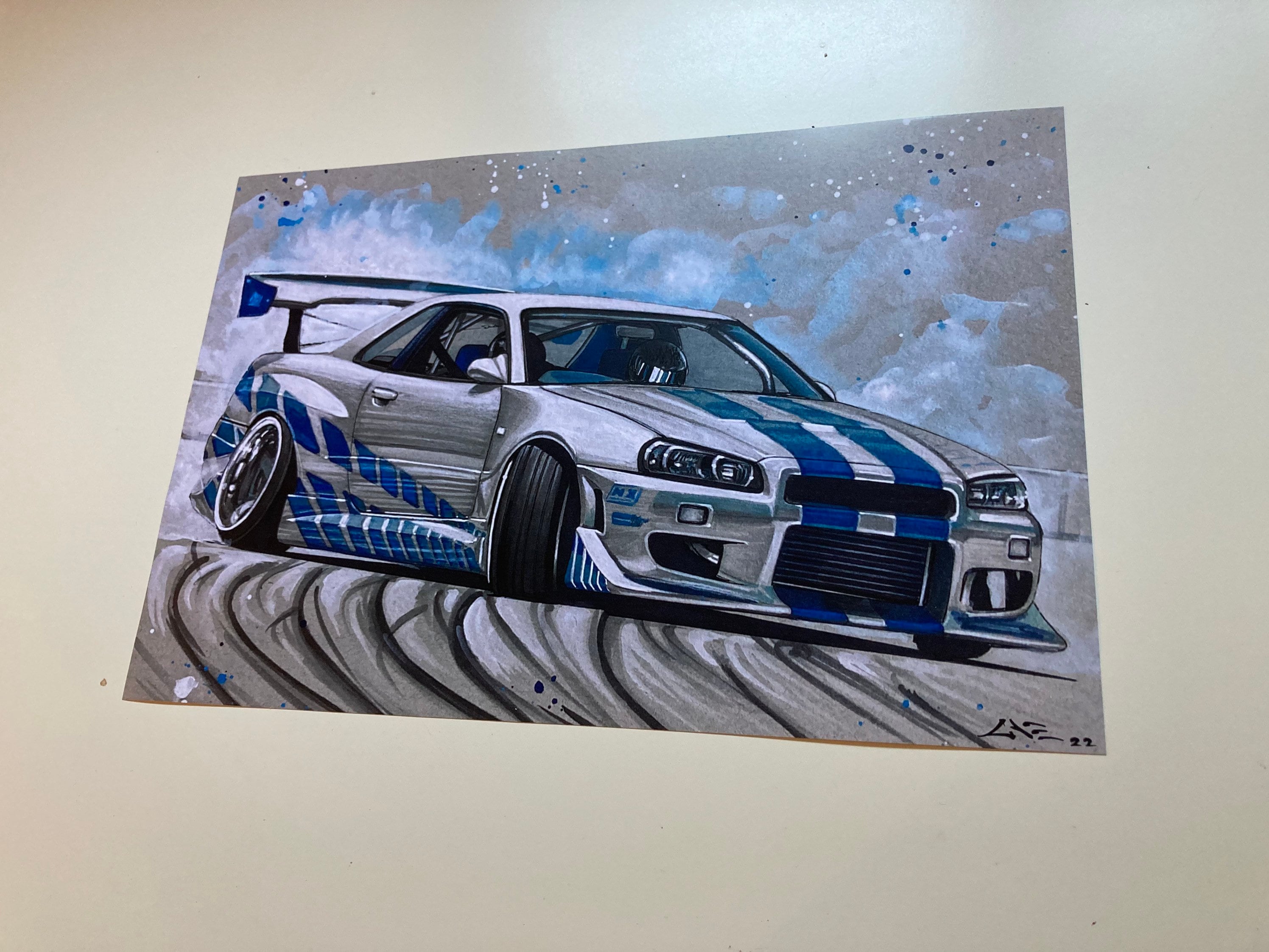 日産スカイライン R34 ドリフトアートプリント：水彩画カーポスター