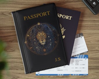 Portafoglio personalizzato con copertina per passaporto in ecopelle Leo The Lion Oroscopo Segno zodiacale Astrologia Simbolo zodiacale Portadocumenti Regalo di vacanza da viaggio