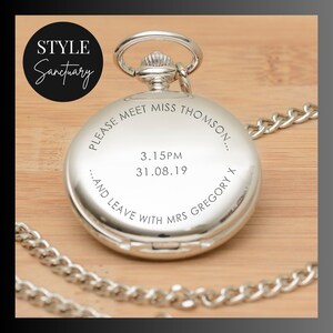May include: Silver pocket watch with a chain. The watch face is engraved with the text "Please meet Miss Thomson... and leave with Mrs Gregory x" and the date "3.15PM 31.08.19".