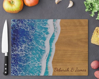 Personalized Glass Cutting Board Sea Waves Beach Ocean Decorative Chopping Block Cheeseboard Charcuterie Serving Tray Kitchen Wedding Gift