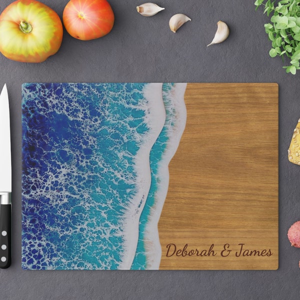 Personalized Glass Cutting Board Sea Waves Beach Ocean Decorative Chopping Block Cheeseboard Charcuterie Serving Tray Kitchen Wedding Gift