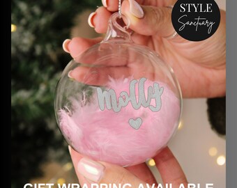 Personalised Pink Feather Silver Heart Memorial Bauble - Christmas Tree Decoration with Loved One's Name - Remembrance Bereavement Gift