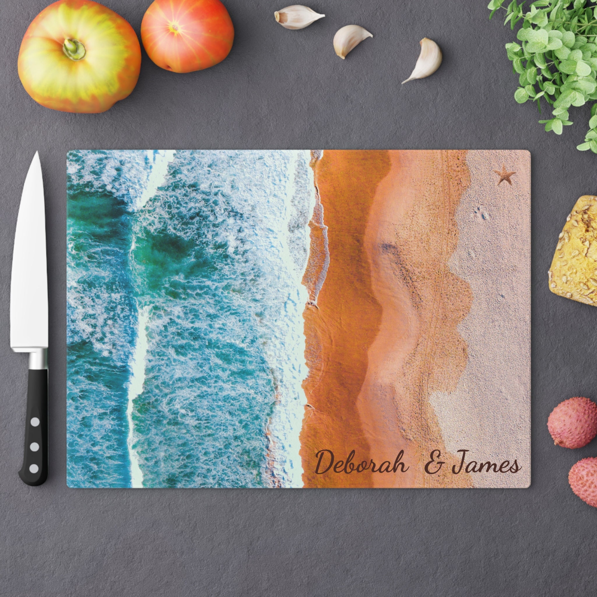 Personalized Glass Cutting Board Sea Waves Beach Ocean Decorative Chopping Block Cheeseboard Charcuterie Serving Tray Kitchen Wedding Gift