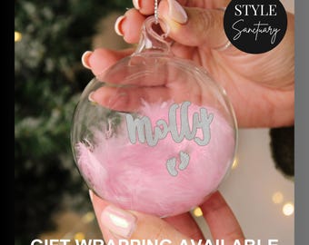 Personalised Pink Feather Silver Footprints Memorial Bauble - Christmas Tree Decoration - Engraved with Your Child's Name - Remembrance Gift