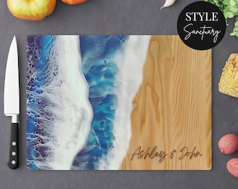 Personalized Glass Cutting Board Sea Waves Beach Ocean Decorative Chopping Block Cheeseboard Charcuterie Serving Tray Kitchen Wedding Gift