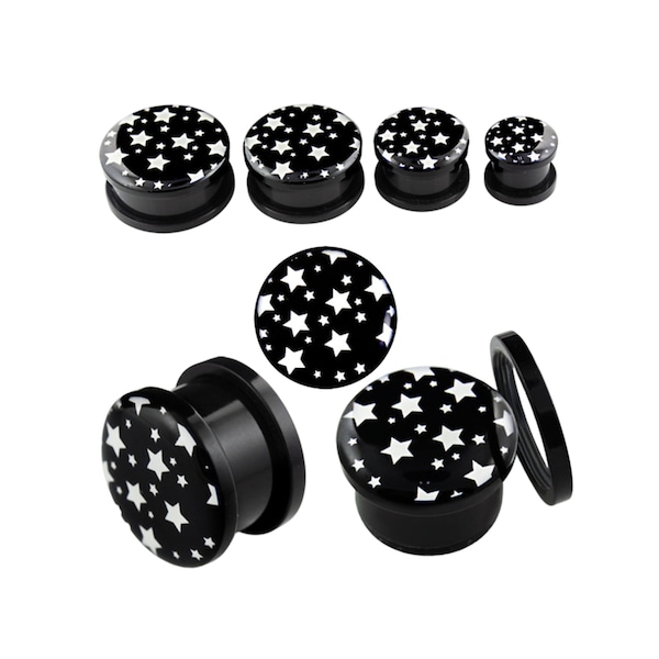 Black Acrylic Screw-Fit Flesh Plug with White Stars for Stretched Earlobes Plastic Ear Lobe Expander Stretcher Pierced Earring Tunnel Taper