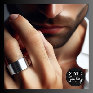 Silver Stainless Steel High Shine Cigar Ring - 10mm Wide - Men&#39;s Women&#39;s Unisex Minimalist Ring - Modern Handmade Statement Wedding Band