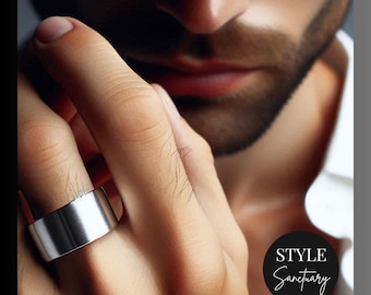 Silver Stainless Steel High Shine Cigar Ring - 10mm Wide - Men's Women's Unisex Minimalist Ring - Modern Handmade Statement Wedding Band