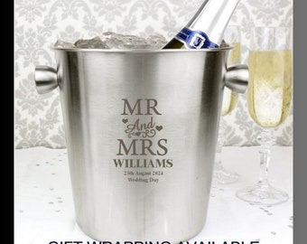 Seau à glace personnalisé en acier inoxydable gravé par M. et Mme, cadeau d'anniversaire de mariage, cadeau de vin, champagne, souvenir pour mari et femme