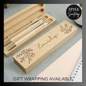 Personalised Engraved Pen & Pencil Set in Floral Beechwood Box - Stylish Gift for Writers and Stationery Lovers - Gift Wrapping Available