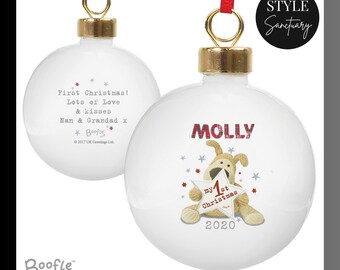 Personalised Boofle My 1st Christmas Bauble - Baby's First Xmas Tree Decoration - Customise with Name & Special Message - Dog Keepsake Gift