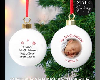 Personalised 'My 1st Christmas' Photo Bauble - Baby's First Xmas Tree Decoration - Customise with Name & Message - Festive Keepsake Gift