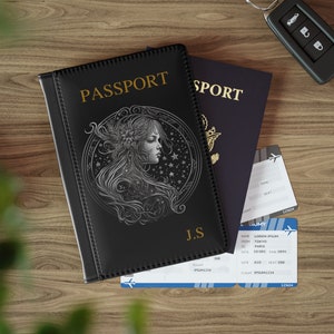 Funda de pasaporte de piel sintética personalizada Cartera Virgo Horóscopo Signo de estrella Astrología Símbolo del zodiaco Portadocumentos negro Viaje Regalo de vacaciones