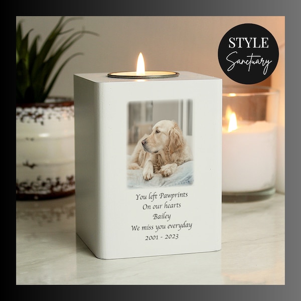 Personalised Photo Upload White Wooden Tea Light Holder - With Your Special Message - Pet Memorial For Dog Cat - Sympathy Remembrance Gift