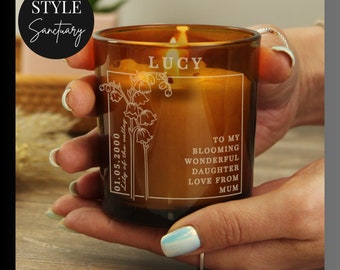 Personalised Birth Flower Amber Glass Candle Jar - Vanilla Scented Tea Light Holder - Special Birthday Gift - Engraved Keepsake Present
