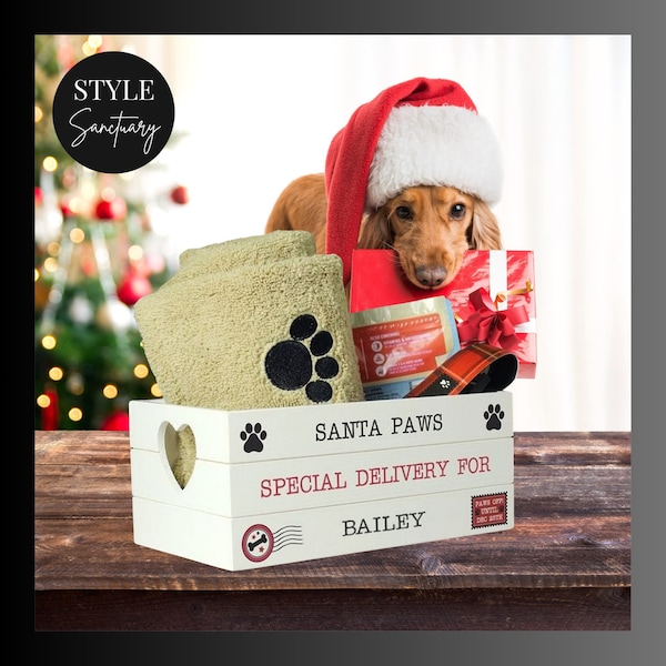 Personalised Santa Paws White Wooden Crate  - Dog Cat Owner Christmas Gift - Handmade Toy Treats Food Box - Pet Grooming Accessories Holder