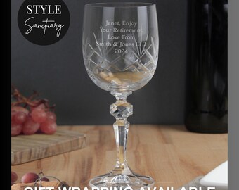Personalised Engraved Crystal Wine Glass - Wedding Anniversary Engagement Bridesmaid Gift Birthday Retirement Leaving Graduation Present