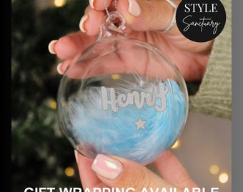 Personalised Blue Feather Silver Star Memorial Bauble - Christmas Tree Decoration with Loved One's Name - Remembrance Bereavement Gift