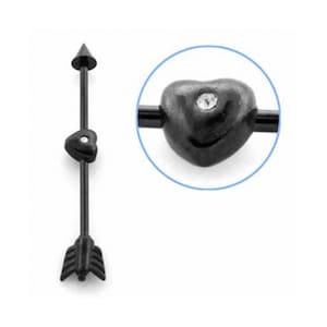 Black Scaffold Bar with Cubic Zirconia Crystal Heart & Angel Wing 1.6mm (14g) x 38mm Anodized Surgical Steel Ear Piercing Cartilage Barbell